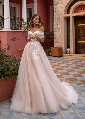 Off Shoulder Ivory Lace Blush Tulle Wedding Dress